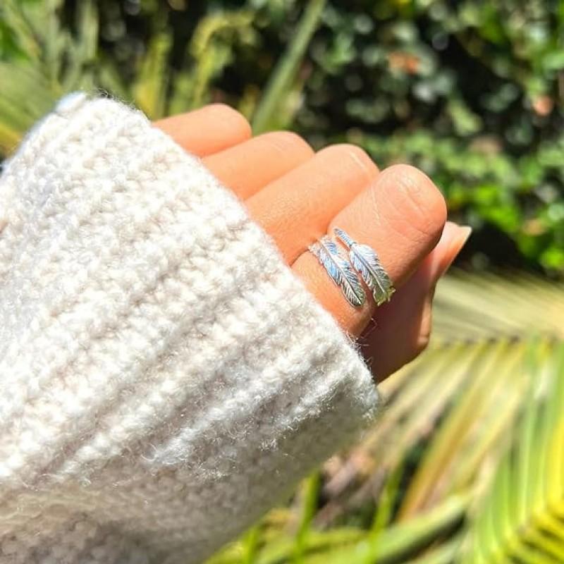 Adjustable Open Ring Couples Vintage Angel Feather Design Unisex Copper Plated Geometric Band