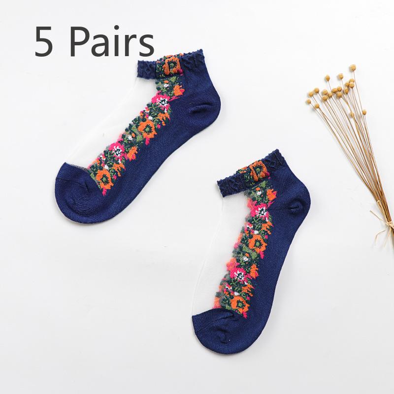 5 Pairs of Ladies Autumn Thin Floral Embroidered Glass Silk Clear Cotton Bottom Crystal Ice Stockings