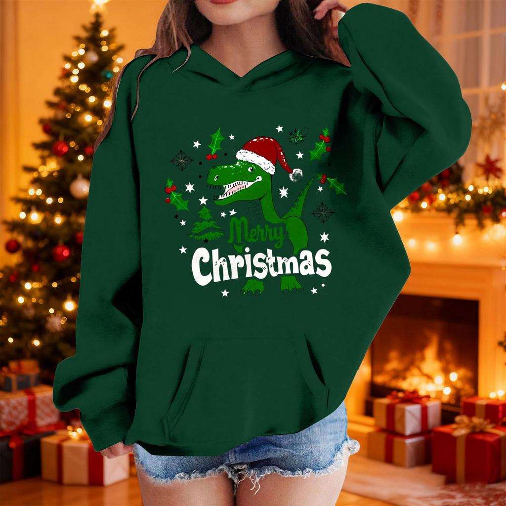 Girls Long Sleeve Christmas Print Hooded Sweatshirt Casual Comfortable Top for Holiday
