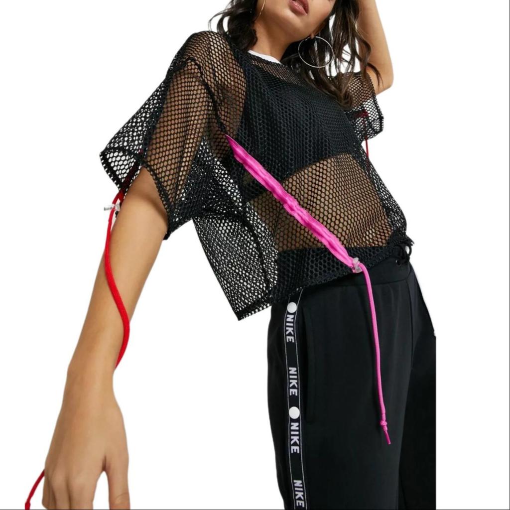(WMNS) Nike Sportswear Mesh Drawstring Sports Short Sleeve 'Black' Women's AR3034-010