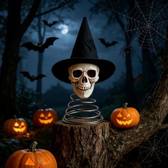 Distressed Resin Skull Topper Halloween Witch Hat Tree Topper, Gothic Skeleton Figurine for Versatile Party Decor, Spooky Festive Home Ornament, Trick