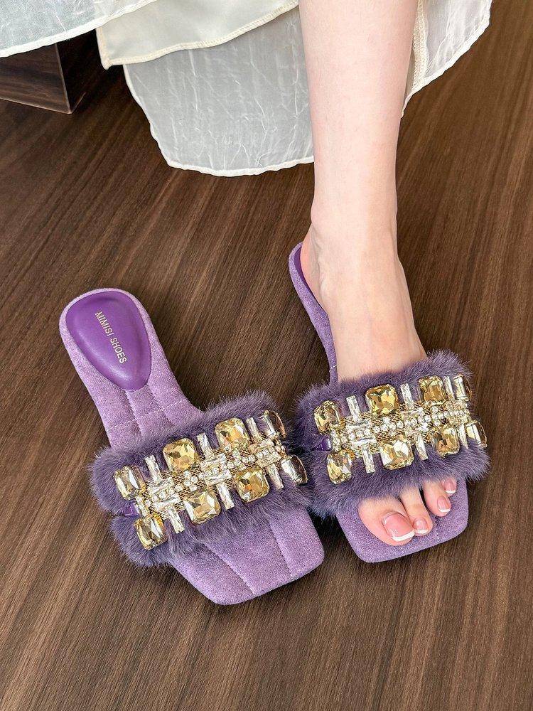 Retro exquisite rhinestone one-word women's autumn light luxury thick heel slippers, light gem square head slippers