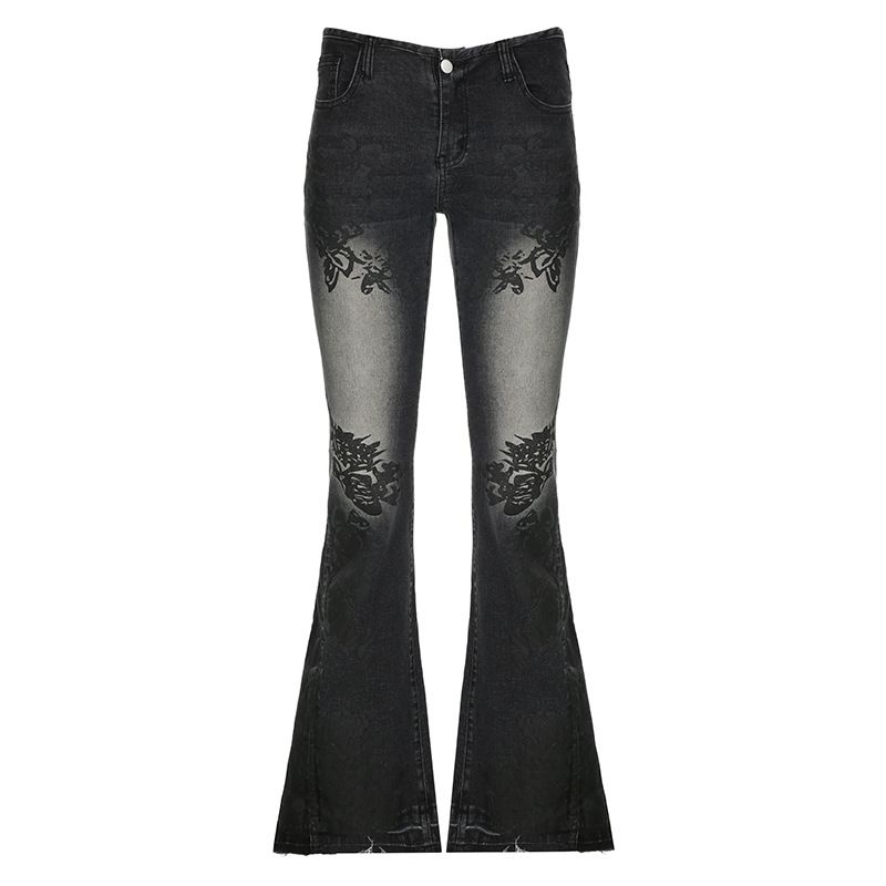 

Washed Denim Jeans American vintage Plant Print Washing Water Jeans Distressed Low Waist Bootcut Trousers Women Black L