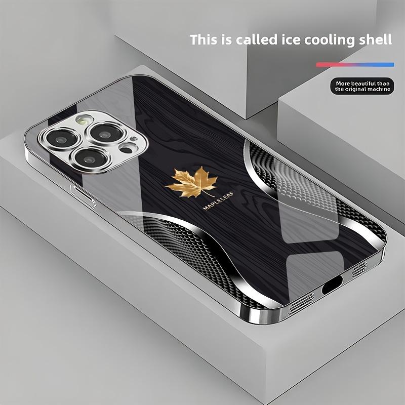 Gold Maple Leaf Wood Grain Curve Pattern Phone Case For iPhone 17 16 15 14 13 12 11 Pro Max Plus 16E 17 Air Tempered Glass Cover