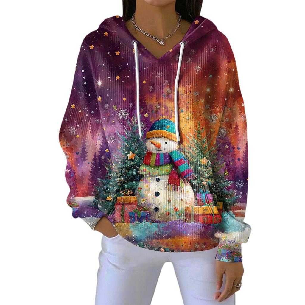 Dame Løs Komfortabel Casual Mote V-Hals Juleprint Langermet Hettegenser