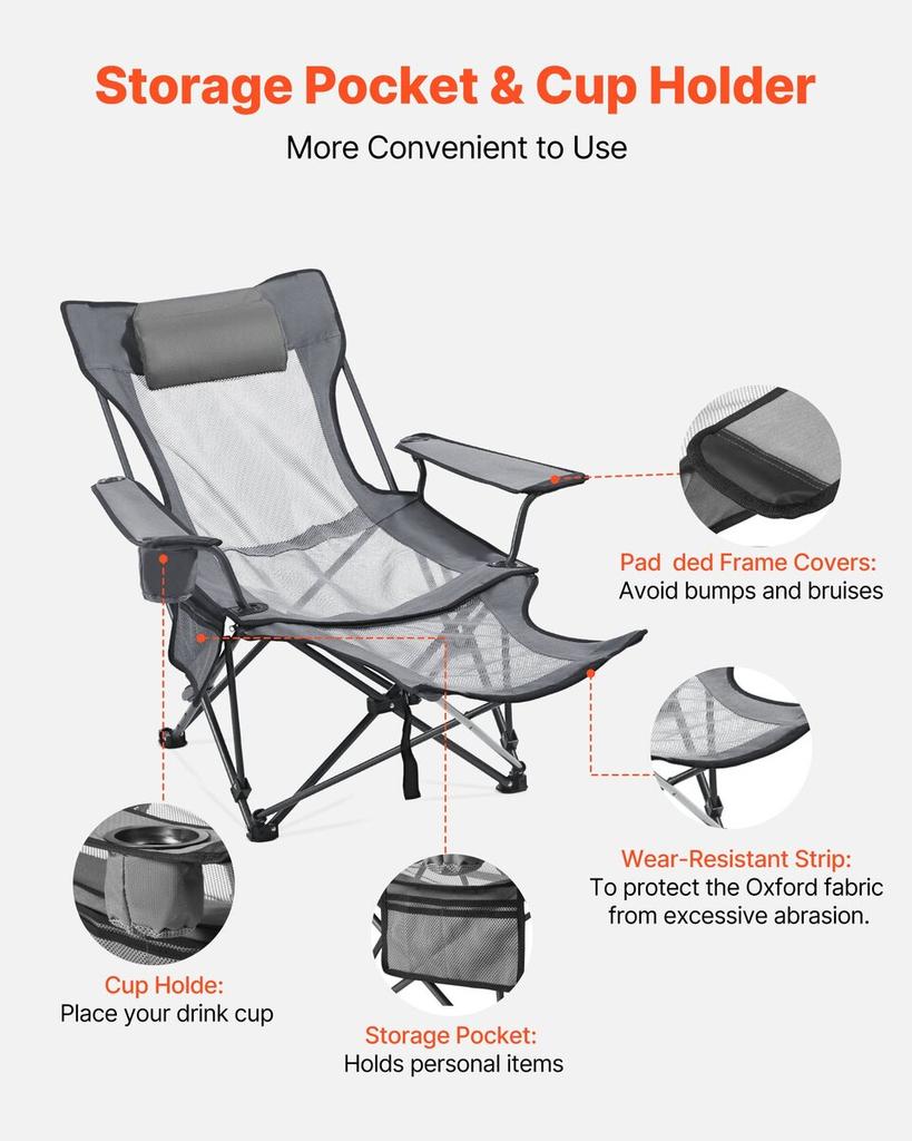 Reclining Camping Chair, 4 Adjustable Positions, Portable Folding Lounger for Adults, Mesh Beach Chair with Headrest & Foot Rest, Supports 220 lbs,