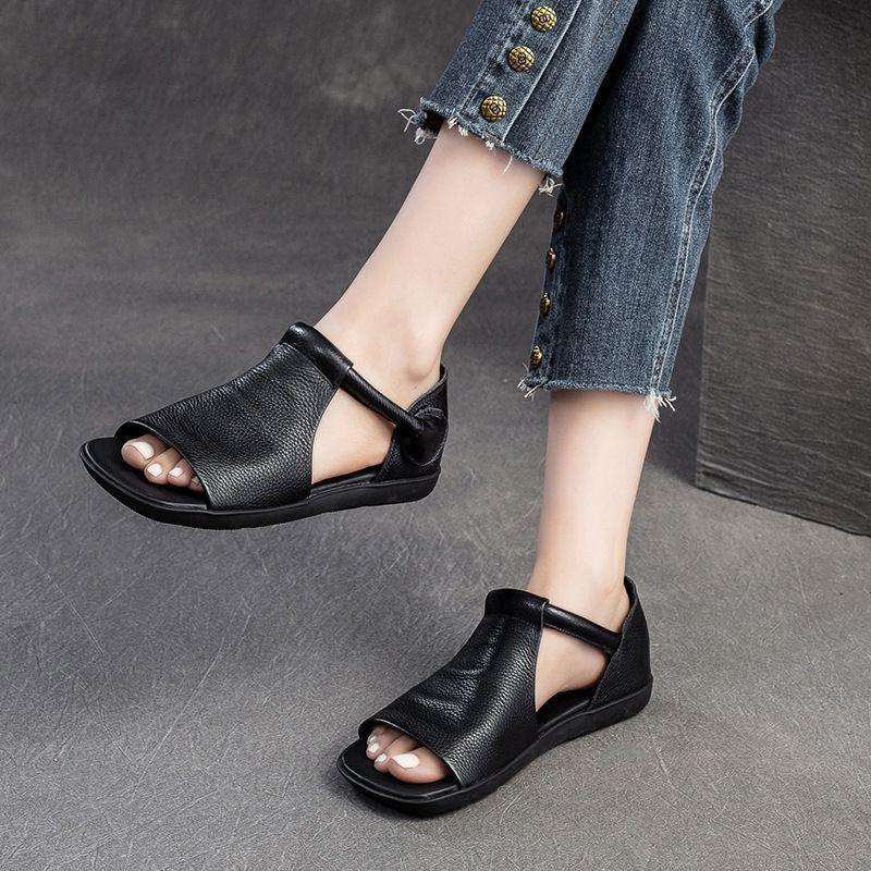Popular 2025 Summer New Fish Mouth Flat Bottom Retro Sandals British Handmade Velcro Casual Roman Women's Shoes