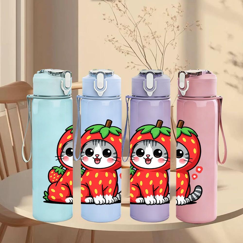 1PC Strawberry Hood Cat Cartoon 750ml Color Plastic Sports Water Bottle Leakproof Flip Straw Lid Suitable for Sports Office Home Use