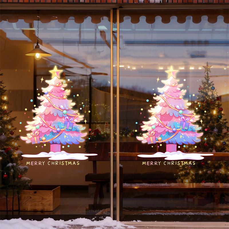 Bunte Weihnachtbaum-Szenen-Anordnung, Elektrostatische Aufkleber, Fensterdekoration, Fensterdekorationen, Glastüraufkleber