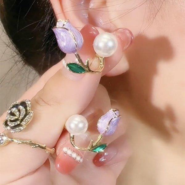 Pendientes franceses de lujo con forma de flor de tulipán rosa y perla para mujer, pendientes exquisitos de circonita coreana, regalo de joyería de Navidad para fiesta