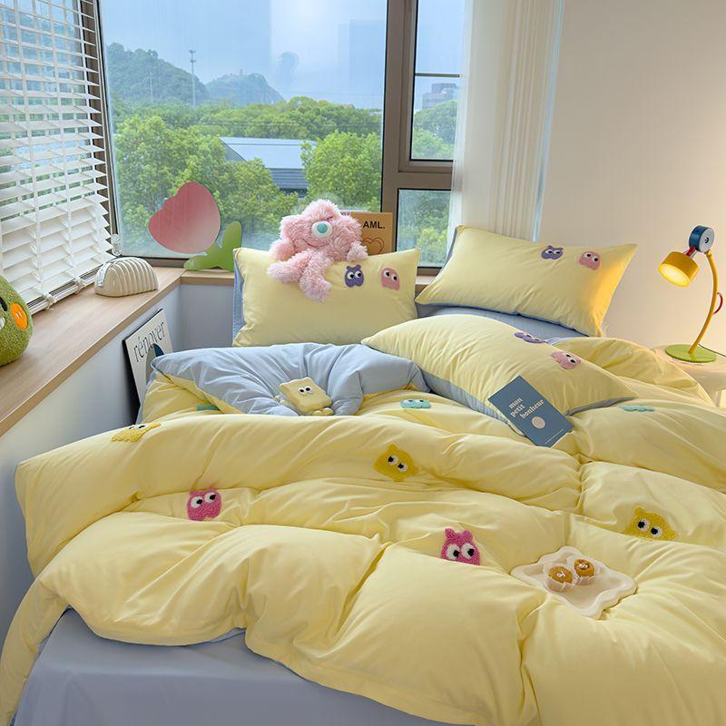 Gu Ling Wei Washed Cotton Four-piece Set Cartoon Dopamine Quilt Cover Sheet Dormitory Three-piece Set