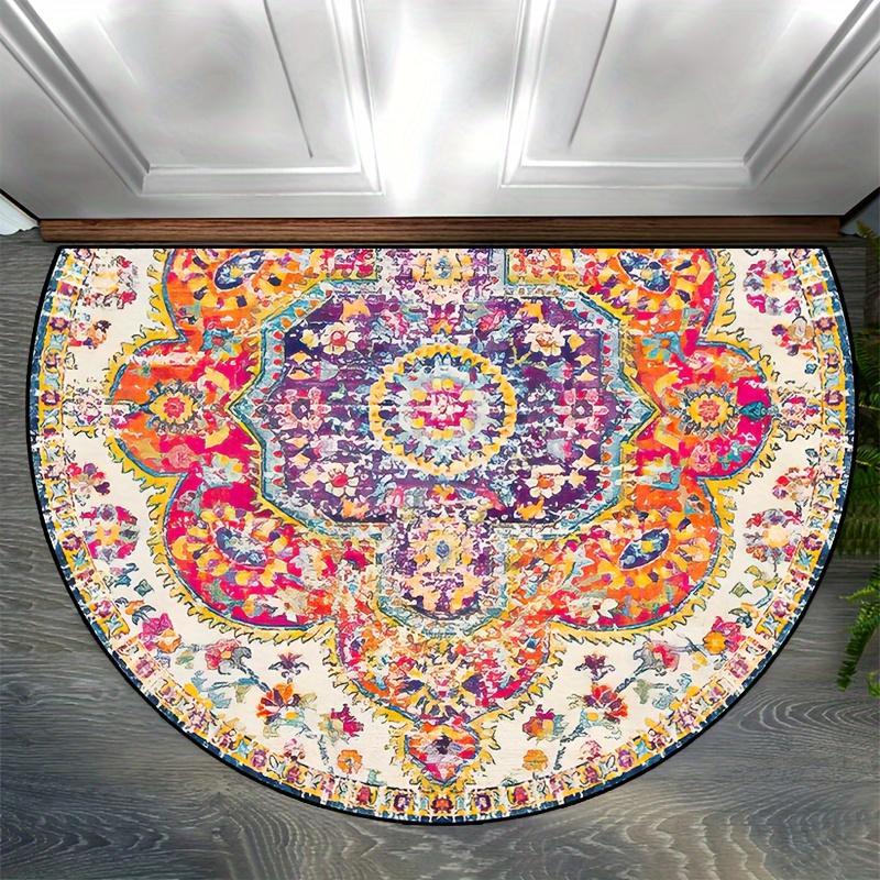 Luxury Bohemian Mandala Half Round Door Mat Jewel Floral Design 2D Flat Non Slip Machine Washable Floor Rug for Entryway Bedroom Home Decor