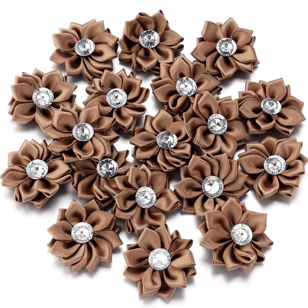 20pcs 4cm Mini Satin Ribbon Flowers Colorful Rhinestone Handmade Flowers For DIY Clothing Sewing Headwear Decoration Accessories