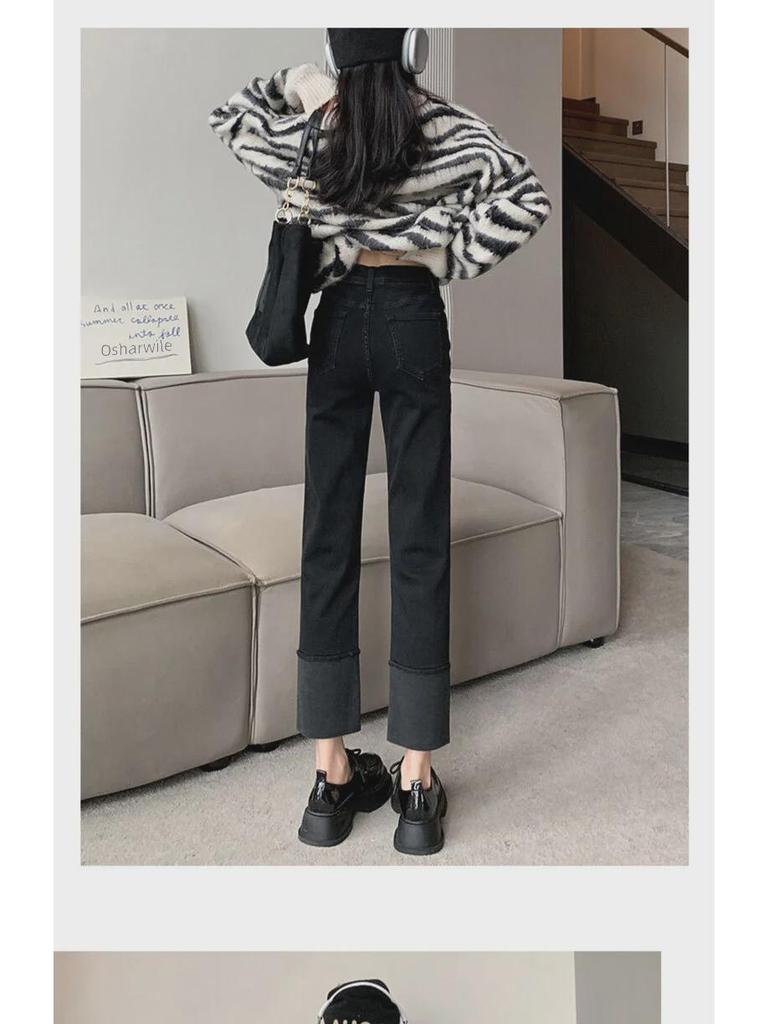 Women's High Waist Spliced Cuffed Jeans, Slim Fit Cigarette Style, Retro Elastic for Summer