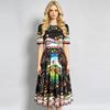 Brand Fashioni Summer Vintage Midi Dress Women's Short Sleeve O-Neck Empire Flower Print Long Beach Party Evening Dress
