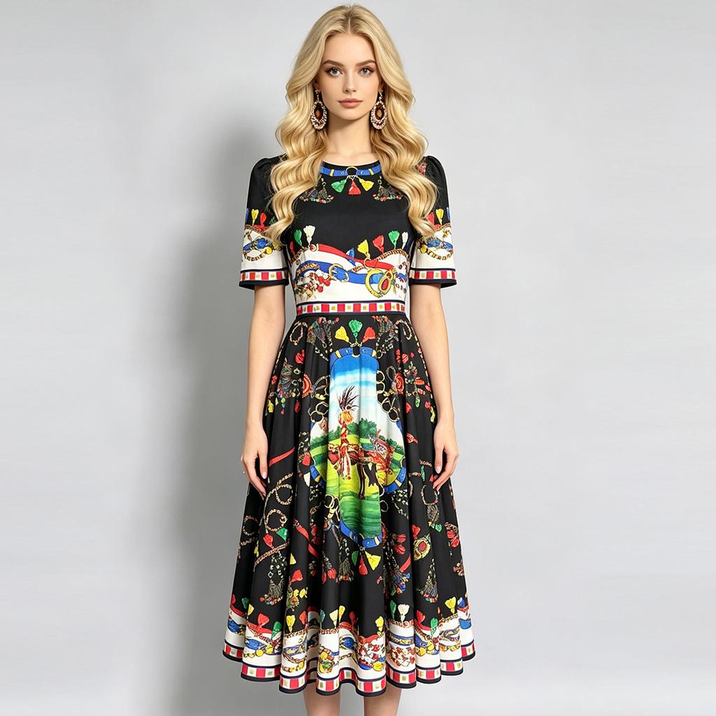Marka Fashioni Letnia Vintage Sukienka Midi Damska Krótki Rękaw Okrągły Dekolt Empire Kwiatowy Wzór Długa Sukienka na Plażę Imprezę Wieczorową