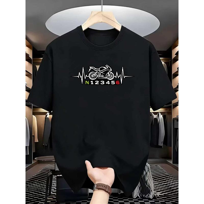 European Size Men'S Motorcycle Heartbeat Graphic Print Crew Neck T-Shirt | Soft Medium-Stretch, Regular Fit, Comfortable and Versatile