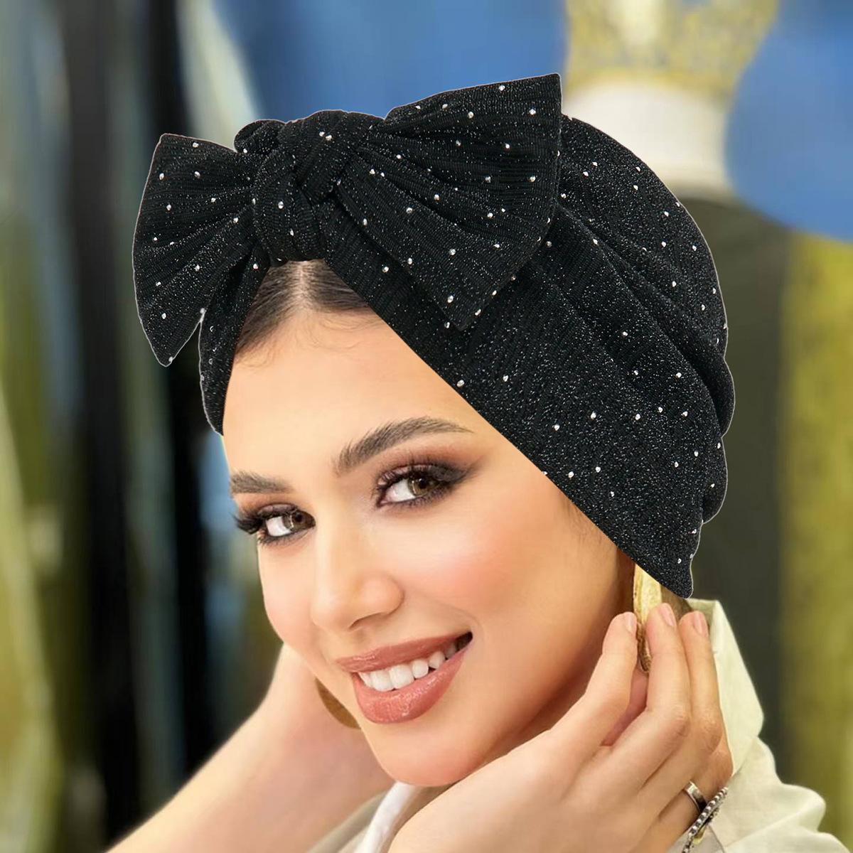 

Блестящая шелковая шляпа-тюрбан с большим бантом для женщин, модный головной платок с блестящими стразами чёрный