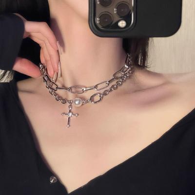 Cold Wind Cross Double Stacked Necklace, Hip Hop Temperament Retro Thick Chain Sweater Sweater Collarbone Chain