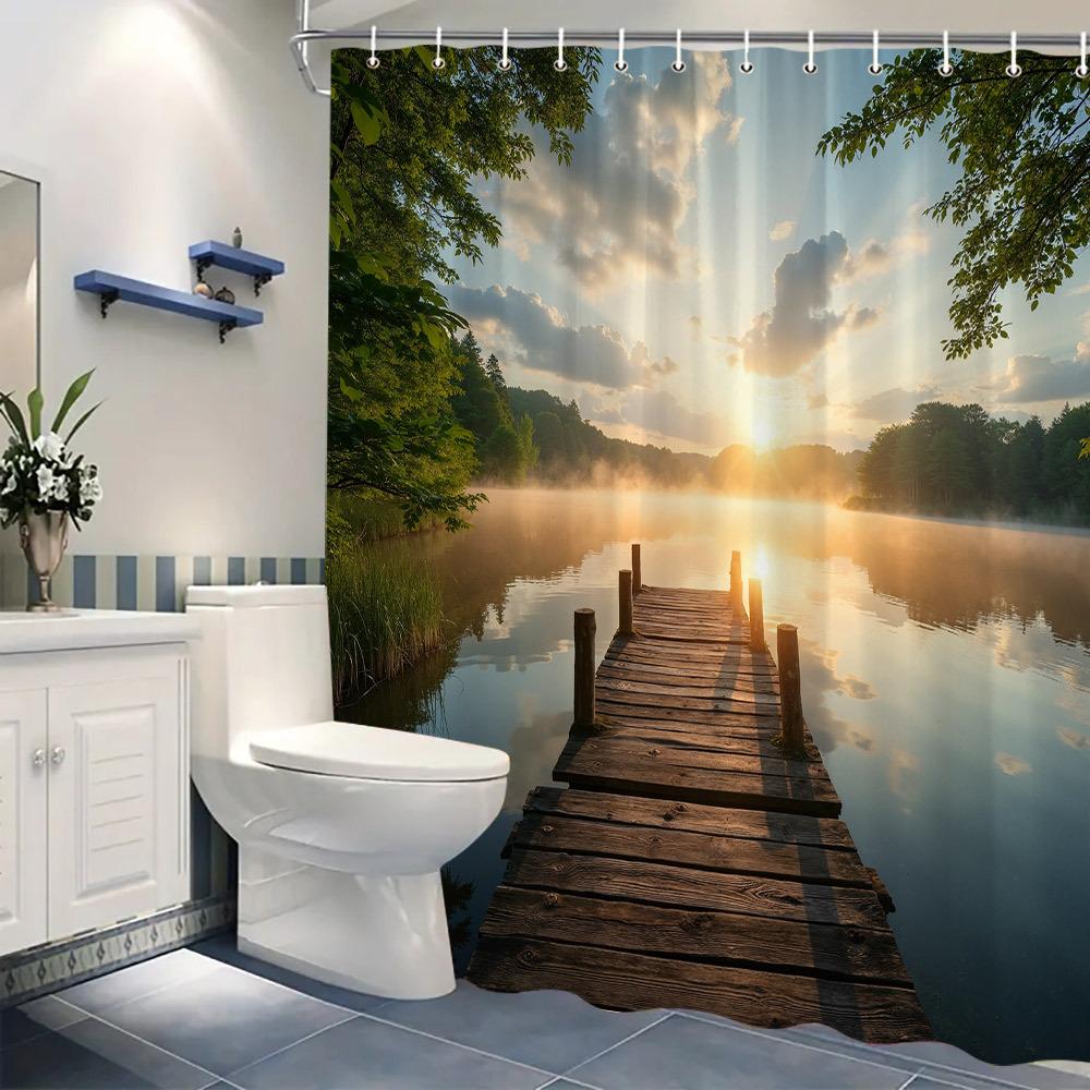 Serenity at Sunset Shower Curtain with Wooden Dock and Lake View for a Peaceful Bathroom Ambiance W90XH180cm