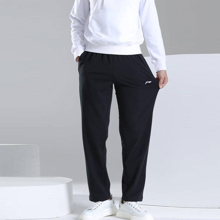 Li Ning Badminton Series Solid Color Logo Straight Leg Casual Pants Knitted Sports Pants Men bottoms Black AKLT647-1