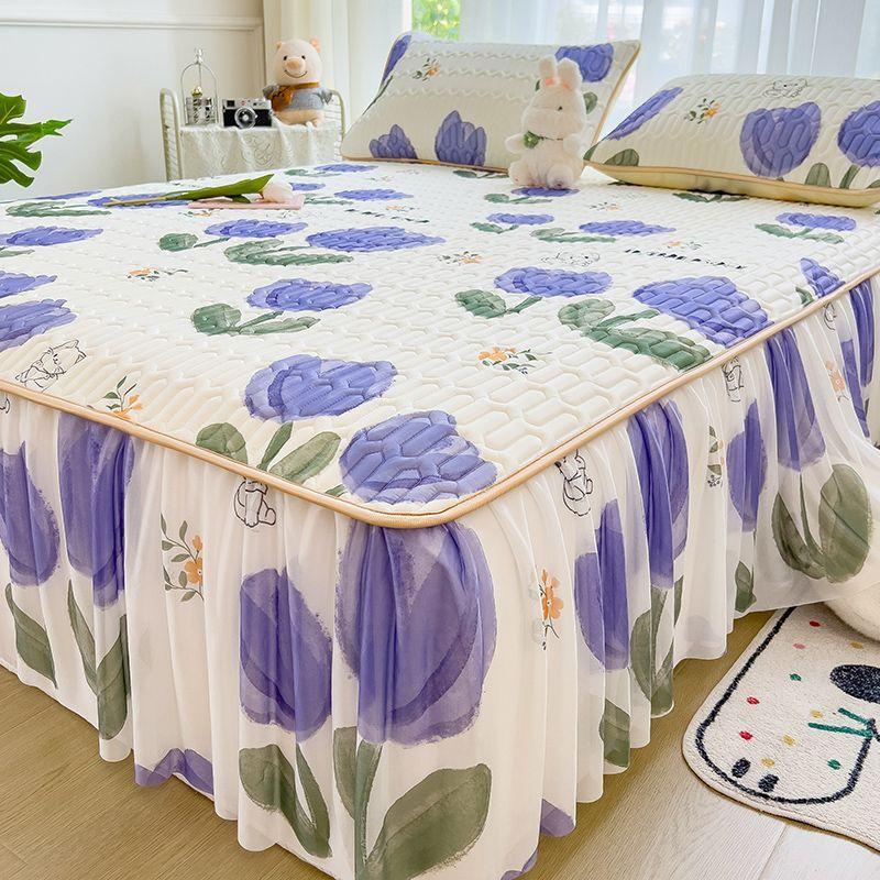 1/3Pcs Thai Latex Cooling Bed Skirt, Ice Silk Mattress Cover, Washable Breathable Cooling Mat for Queen King Beds