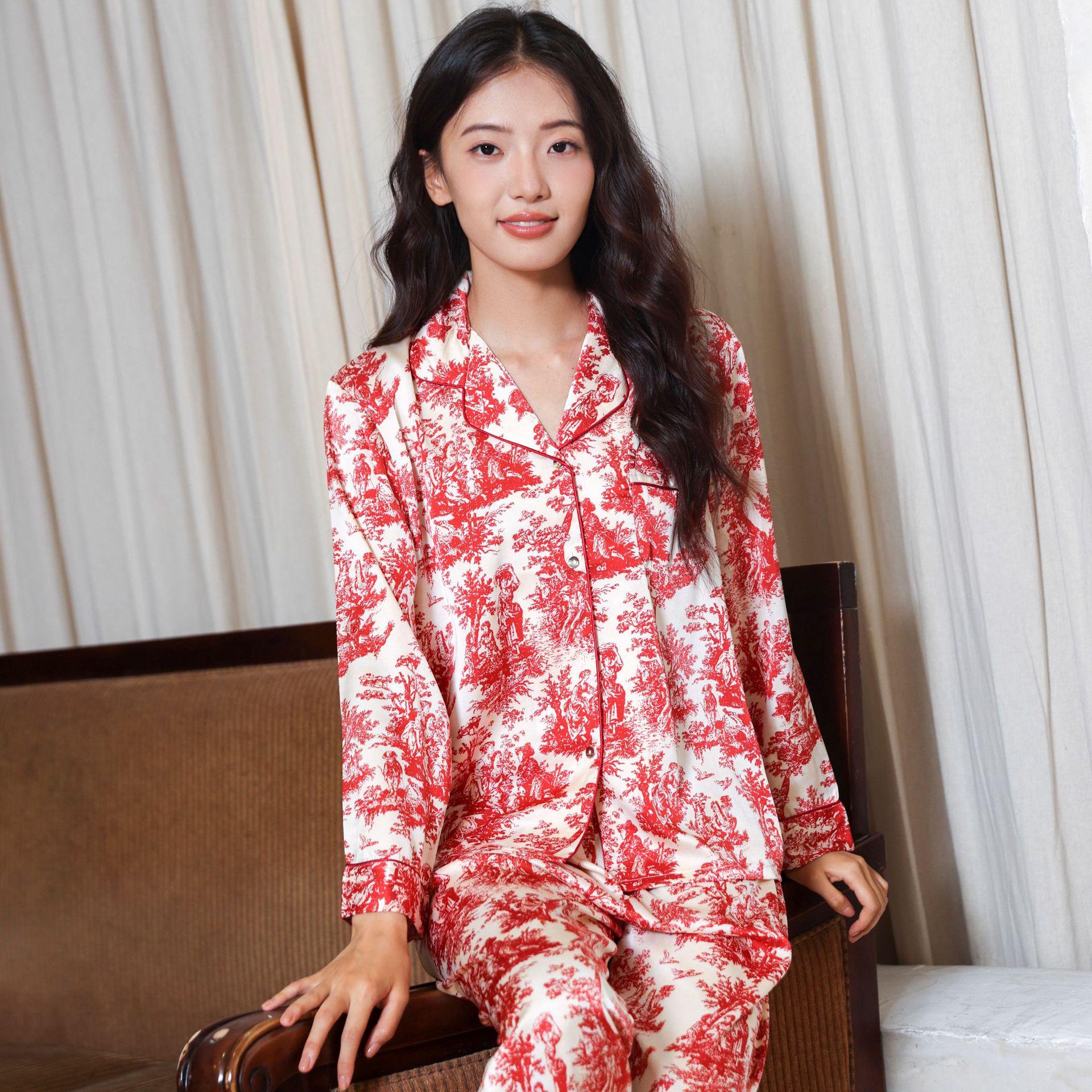 

Korean Style Ink Print Ice Silk Pajamas - Women s Autumn & Spring Long Sleeve Homewear with Small Lapel Large