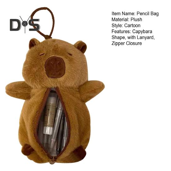 Capybara Shape Plush Pencil Case with Lanyard Large Capacity Zipper Pens Stationery Cosmetics Organizer