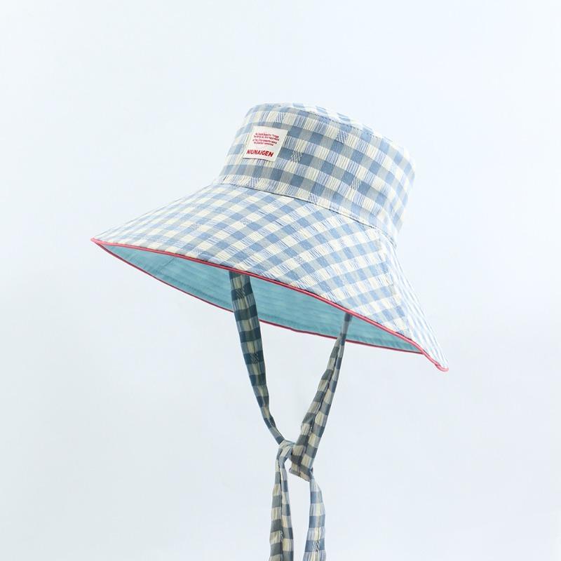 Double-sided Wear Summer Outdoor Sun Hat Travel Lace-up Plaid Bucket Hat Women's Large Brim Foldable Sunshade Basin Hat