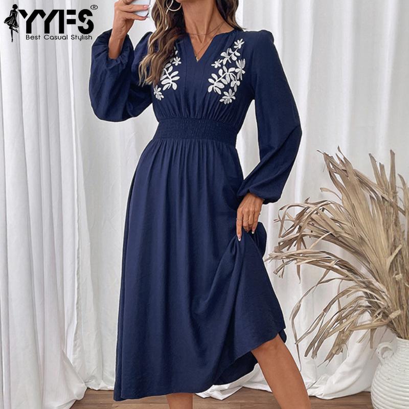 YYFS Women's Fashion Spring Fall Flower Pattern Print Long Sleeve V-Neck High Waist Casual Dresses