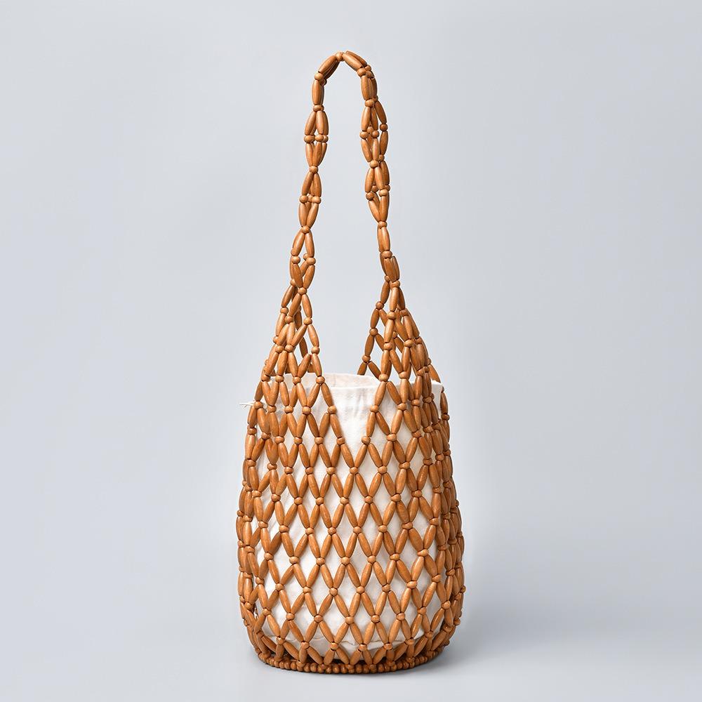 

Trendy Bohemian Woven Hand Bag Female Style Handmade Hollow-out Handbag Exquisite Design Wooden Bead Tote Beach Outing коричневий