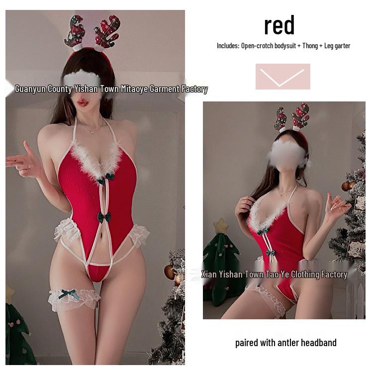 European & American Christmas Sexy Open-Crotch Halter Bodysuit - Tempting Backless Lingerie Sleepwear