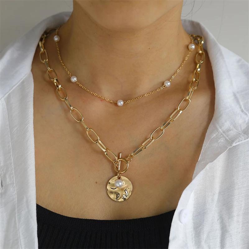 Vintage Geometryczny Wisiorek Naszyjnik dla Kobiet Szczęśliwe Złe Oczy Dłoń Krzyż Perła Cyrkon Wielowarstwowy Metalowy Łańcuszek Choker Biżuteria