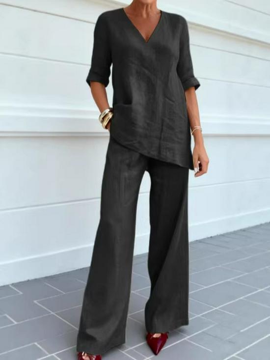 2026 European Cotton Linen Women's Casual Solid Color Two-Piece Set