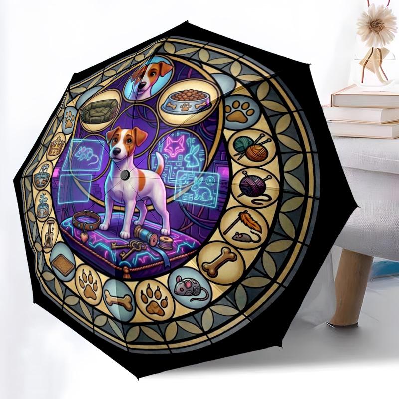 Glass Dog Fantasy pattern umbrella, portable and foldable design, 8 ribs, a casual accessory for Halloween, Christmas, and birthday gifts.