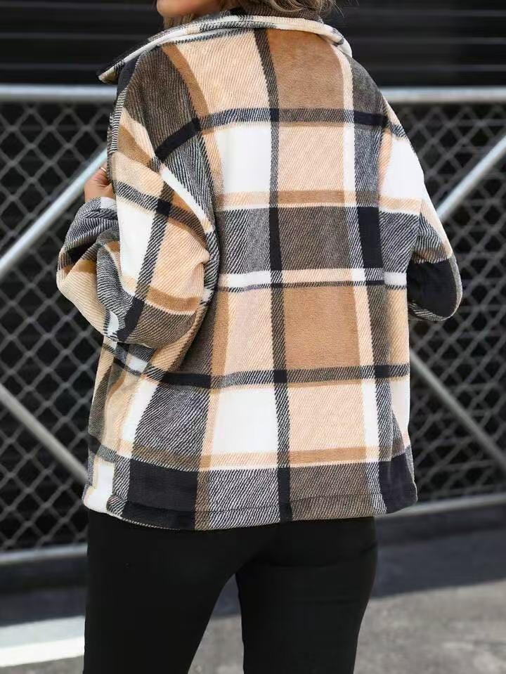 2025 Women's Elegant Plaid Flannel Turn-Down Collar Long Sleeve Button-Up Shirt