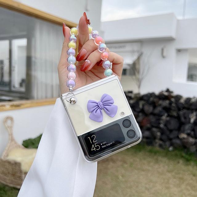 

Модный браслет-цепочка с бусинами и 3d бантом, чехол для телефона с узлом для Samsung Galaxy Zflip Zflip3 5g Zflip4, ремешок на руку, прозрачный твердый чехол, Fundas For Z Flip 4