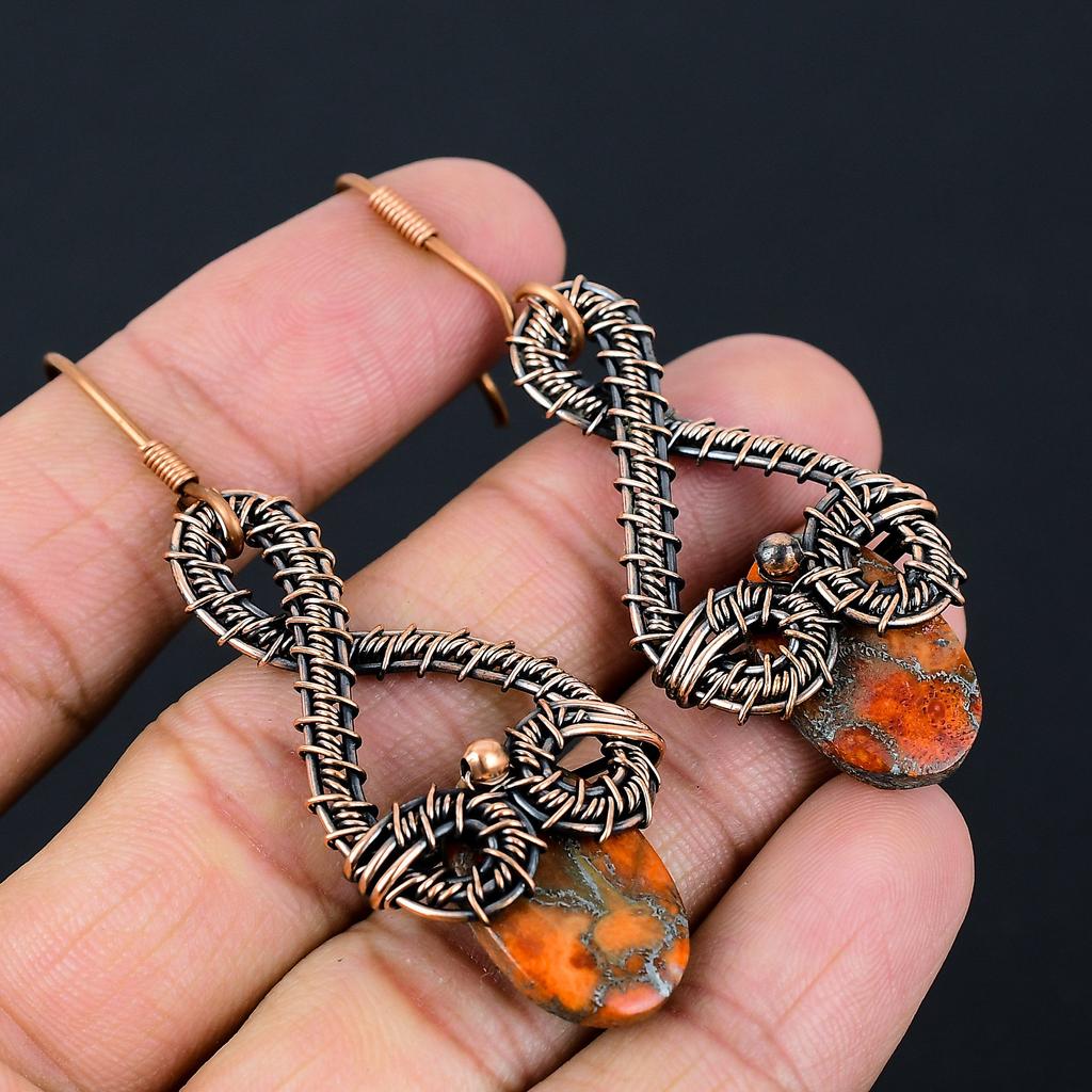 Sea Sediment Jasper Handmade Copper Wire Wrap Jewelry Earring 2.7 C4M58