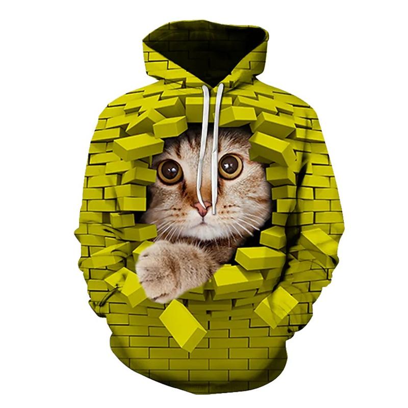 Kawaii Cat Wall Brick Graphic 3D Graphic Hoodie Men Y2k Tops Women Cute Animal Print Sweatshirt Kids Funny Casual Hooded Clothing L