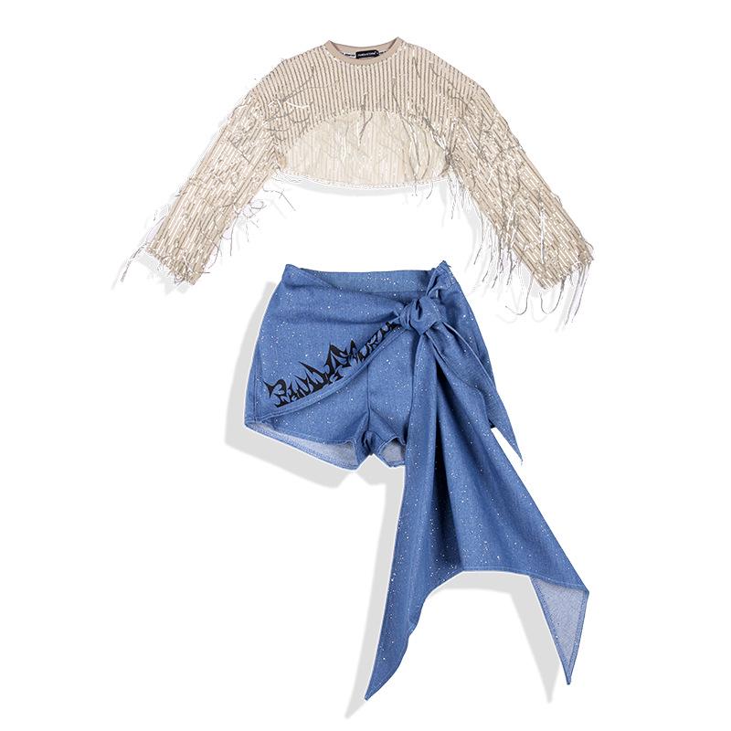 Girls' Sequin Tassel Jazz Dance Outfit - Mesh Long Sleeve & Pants Set for Street & Performance