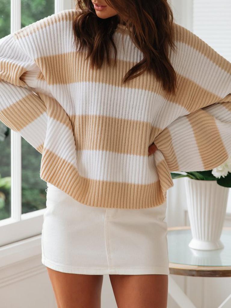 Women's Autumn New Fashion Striped Color Block Knit Sweater with Ribbed Crew Neck