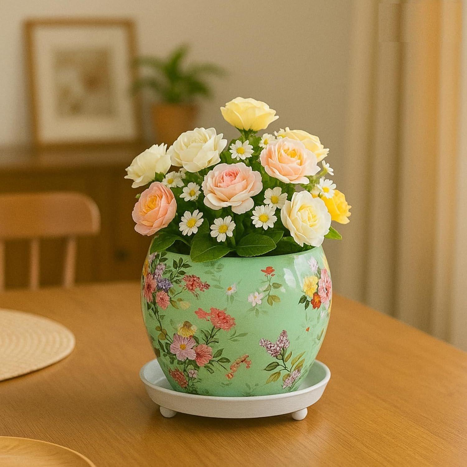 

5 inches, Lily Green Metal Plant Pot with Saucer Plate | Indoor Outdoor Home Decor Item for Garden Plants Flower, Balcony, Patio, Living Room, 5 INCH