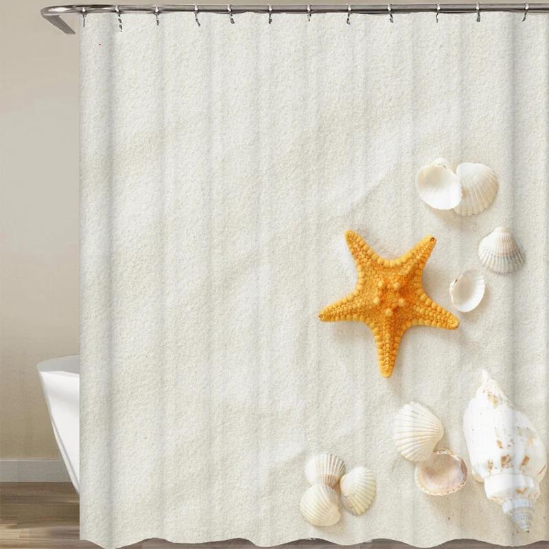 Starfish Beach Shower Curtains 3D Seashell Ocean Theme Waterproof Polyester Fabric Bathroom Decor with Hooks Bathtub Curtains