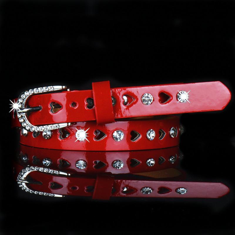 Women'S Rhinestone Belt Decorative Belt Inlaid Hollow Versatile Thin Belt Narrow Belt Bright Leather Pants Pu Candy Color