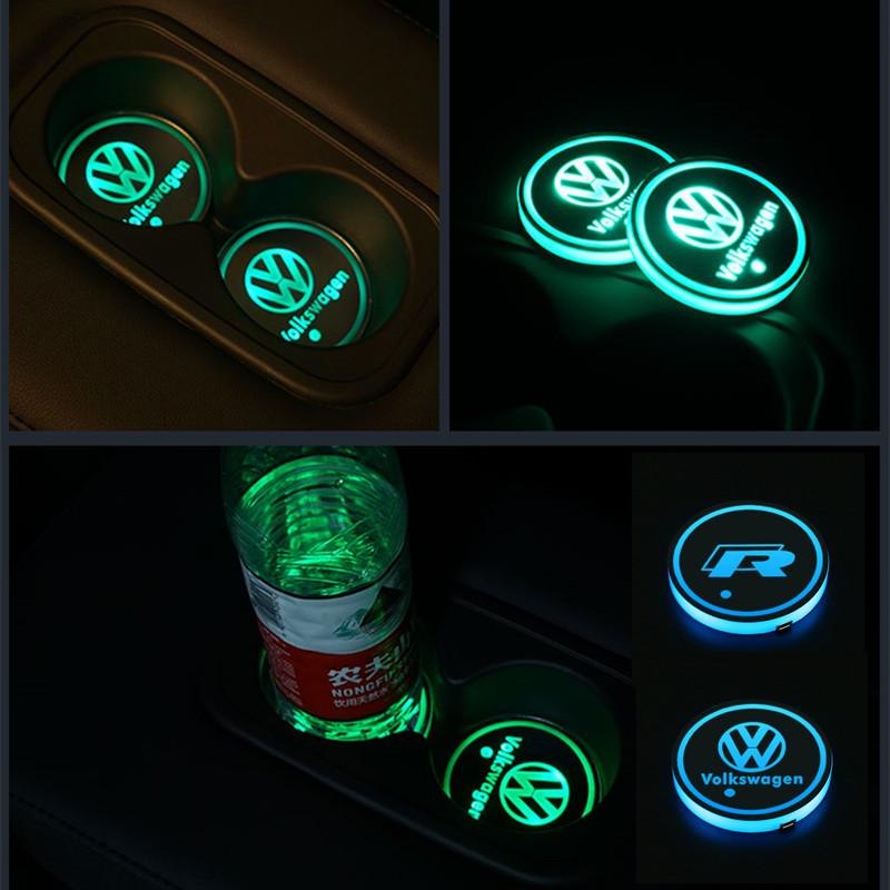 Valve Stems Caps 7 Color LED Car Water Cup Pad Cup Holder Light Luminous Coaster For VW Volkswagen R Rline Polo GTI Jetta Golf C