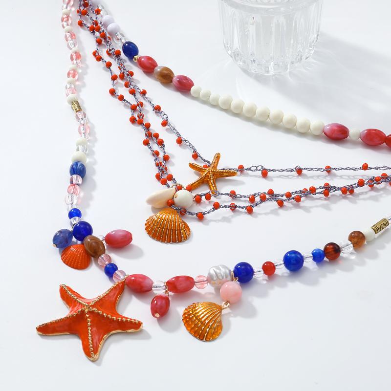 Multi-Layer Hand Woven Beaded Starfish Shell Necklace For Women Summer Ocean Vacation Style Party Jewelry Neck Accessories