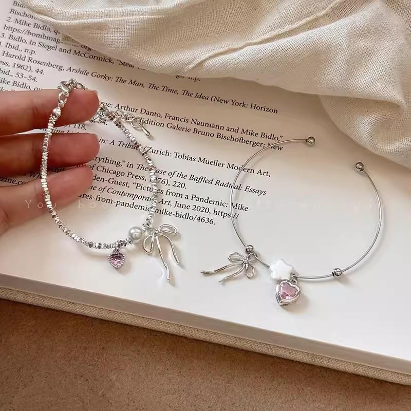 Romantic Pink Crystal Heart Pendant Bangles For Women Silver Color Small Square Bead Bow Bracelet Good Friend Jewelry Gift