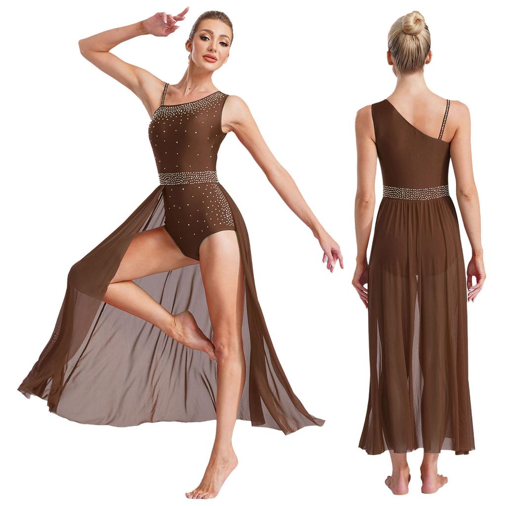 Φόρεμα Λυρικού Χορού για Γυναίκες Αμάνικο Λαμπερό Στρας Ασύμμετρο Διάφανο Τούλι Ενδυμασία Παράστασης