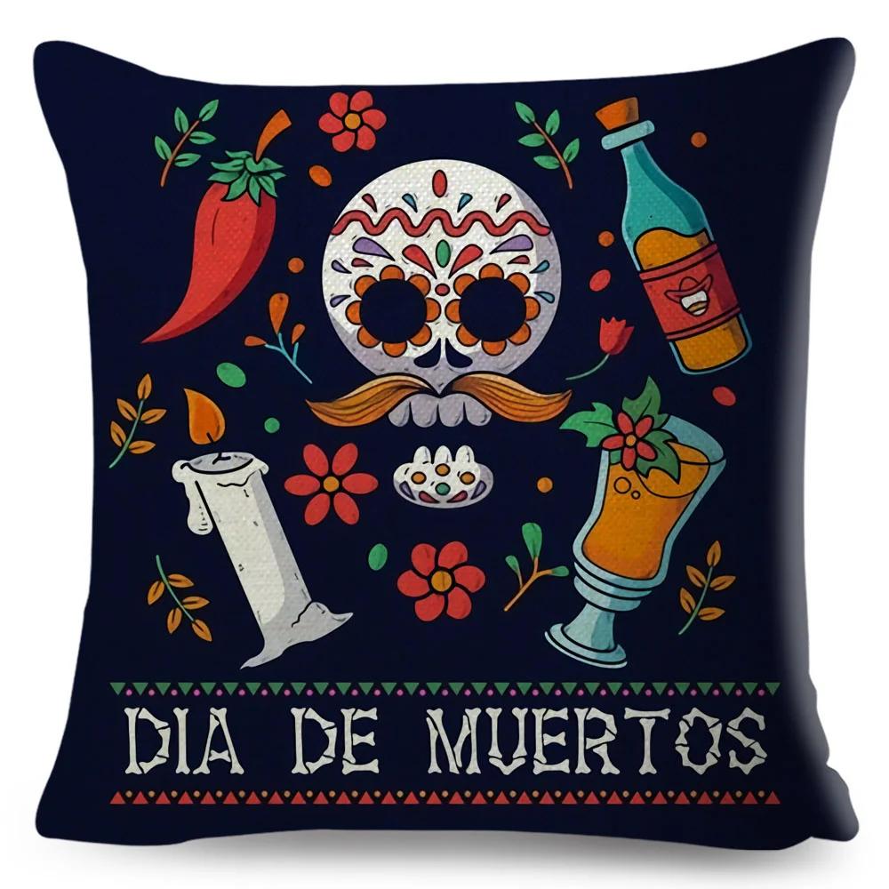 Day Of The Dead Pillowcase Decor Cartoon Mexico Flower Skull Print Cushion Cover for Sofa Home Polyester Pillow Case 45x45cm