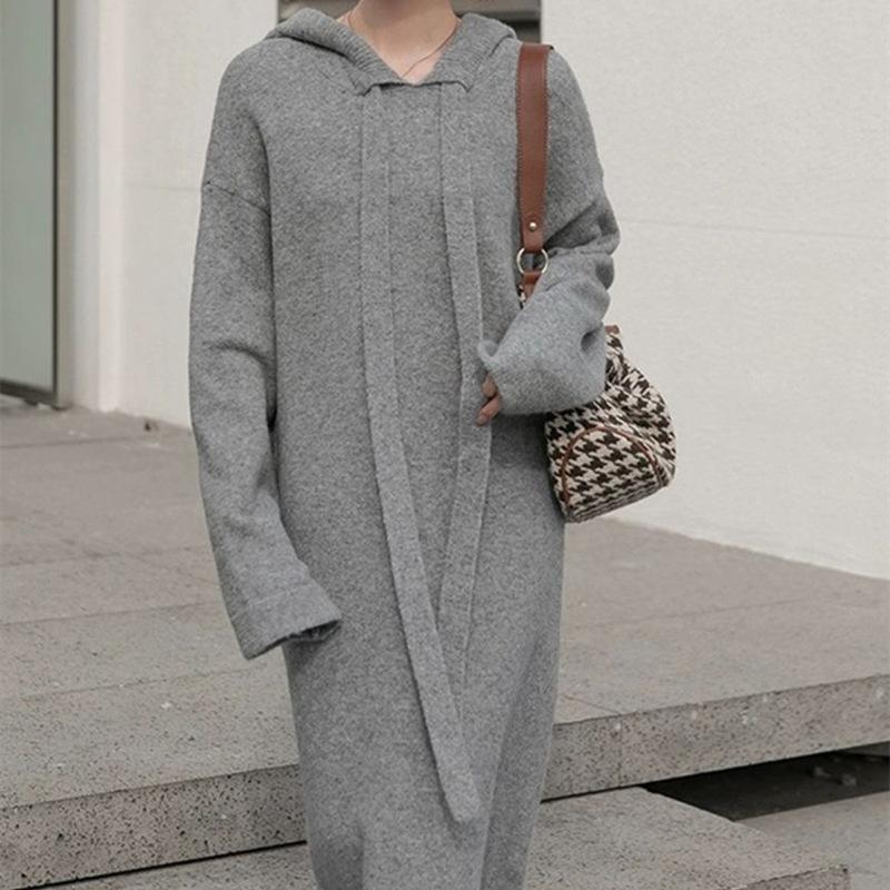 

Осень и зима повседневный спортивный пуловер с капюшоном и воротником, свитер, юбка, свободный удлиненный вязаный однотонный женский one size fits all серый